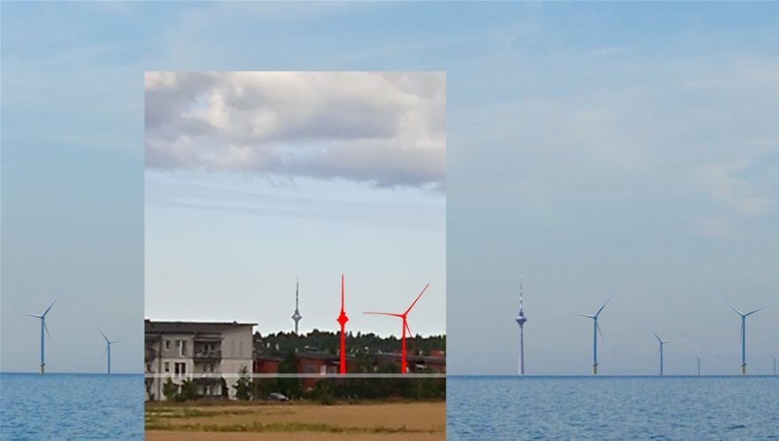 Vaade 11 km kauguselt: Tallinna teletorni kogukõrguseks on 314m (vaateplatvorm 170m) ja Saaremaa lääneranda plaanitaval tuule-tööstusel 300m