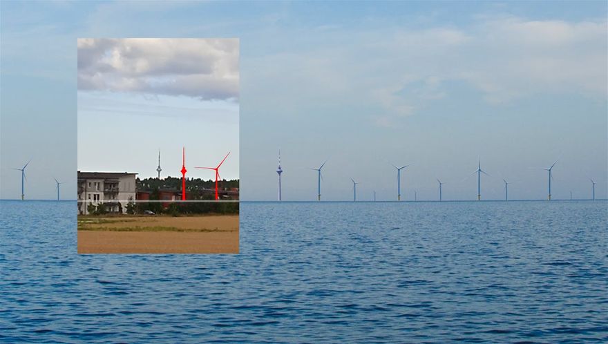 Vaade 11 km kauguselt: Tallinna teletorni kogukõrguseks on 314m (vaateplatvorm 170m) ja Saaremaa lääneranda plaanitaval tuule-tööstusel 300m